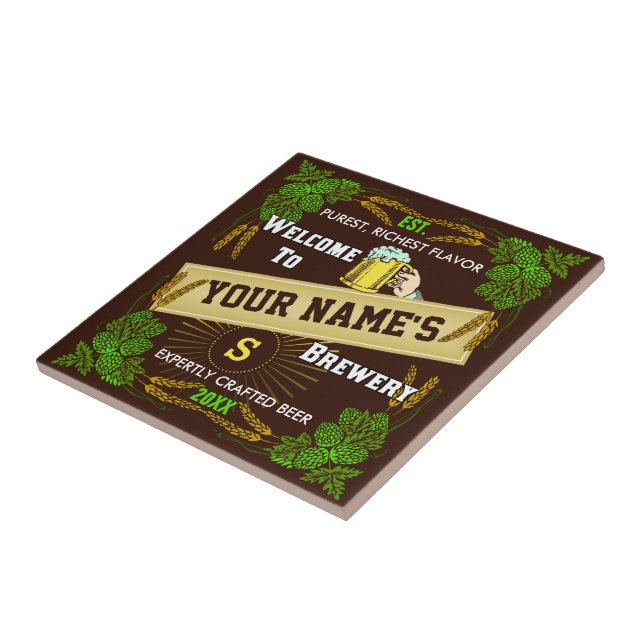 Personalised Beer Brewery Welcome with Hops Barley Ceramic Tile (Side)