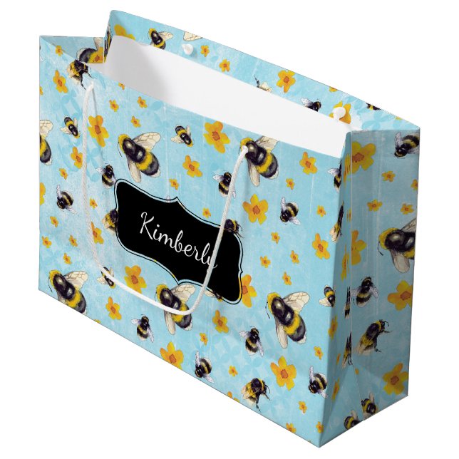 Personalised Bees and Flowers Large Gift Bag (Front Angled)