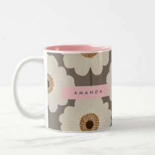Personalised Beige and Brown Mid-Century Flower Two-Tone Coffee Mug