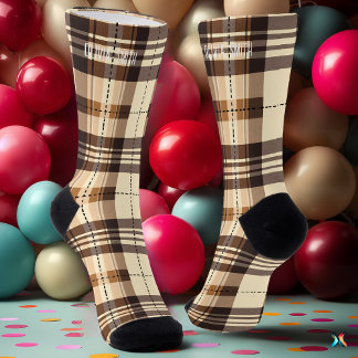 Personalised Beige and Brown Tartan Plaid Custom  Socks