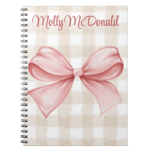 Personalised beige chequered pattern with pink bow notebook