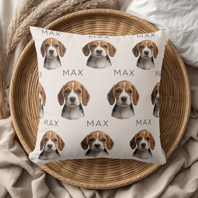 Personalised Beige Dog Photo & Name Pattern Cushion (Creator Uploaded)