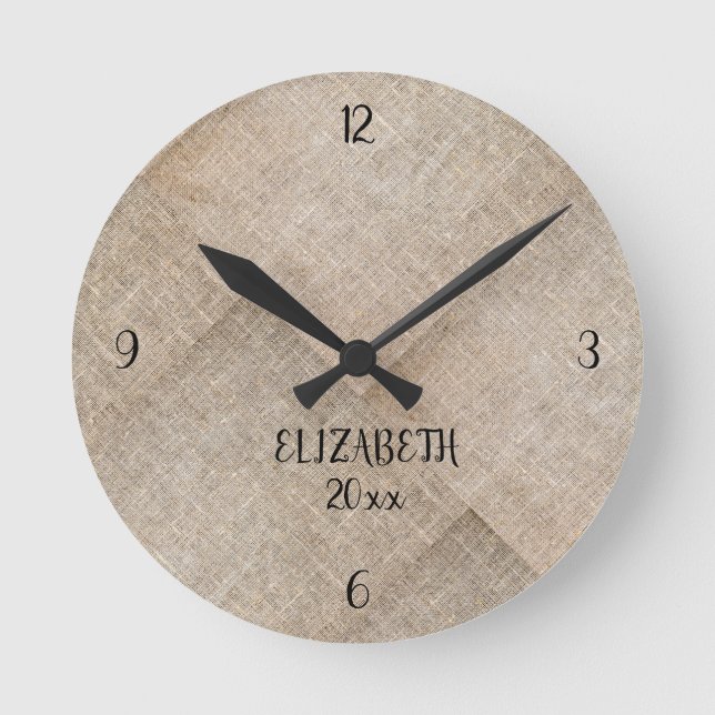 Personalised Beige Faux Linen Round Clock (Front)