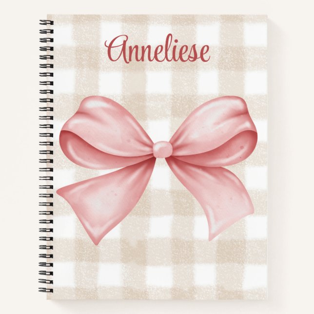 Personalised beige gingham & pink coquette bow notebook (Front)