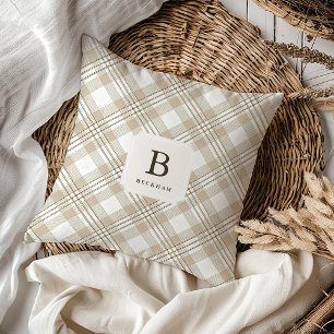 Personalised Beige Gingham Plaid Monogram xmas Cushion