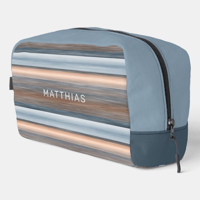 Personalised Beige Grey Teal Blue Brown Stripes Dopp Kit (Right Corner)