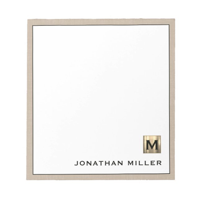 Personalised Beige Linen Gold Monogram Notepad (Front)