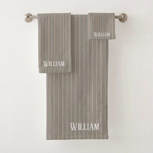 Personalised beige pinstripes bath towel set