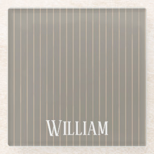 Personalised beige pinstripes glass coaster