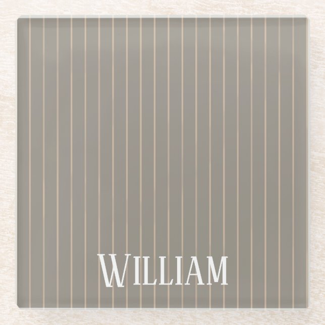 Personalised beige pinstripes glass coaster (Front)