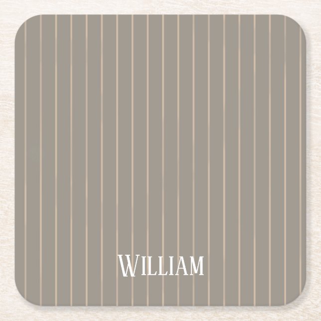 Personalised beige pinstripes square paper coaster (Front)