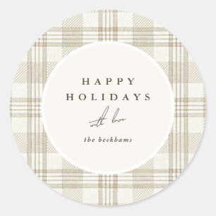 Personalised Beige Plaid Merry Christmas Family Classic Round Sticker