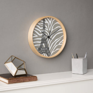 Personalised Beige Tones Zebra Eiffel Tower Clock