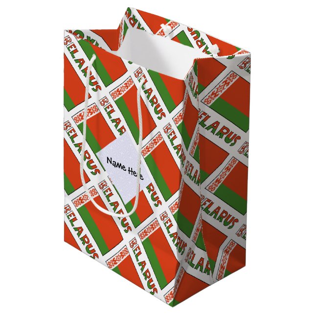 Personalised Belarus Tiled Flag Name Medium Gift Bag (Front Angled)