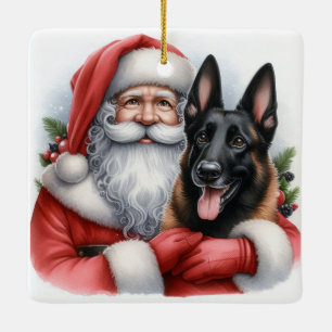 Personalised  Belgian Malinois Dog with Santa Ceramic Ornament