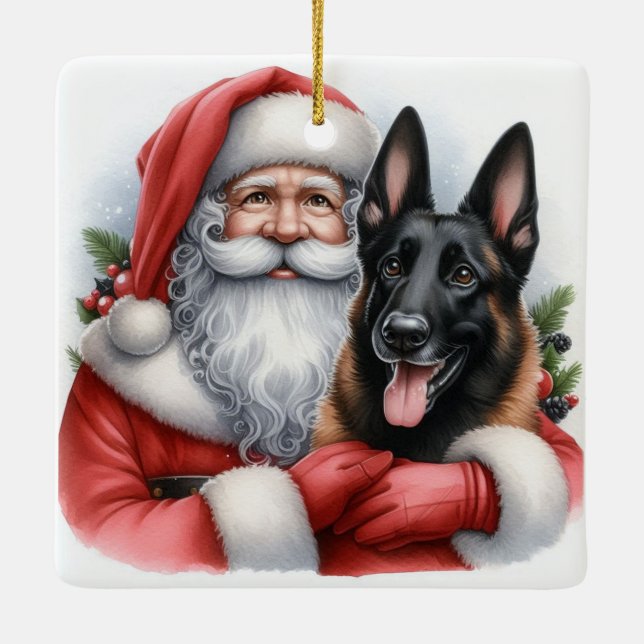 Personalised  Belgian Malinois Dog with Santa Ceramic Ornament (Back)