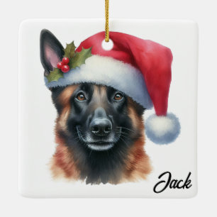 Personalised Belgian Malinois Dog with Santa Hat Ceramic Ornament
