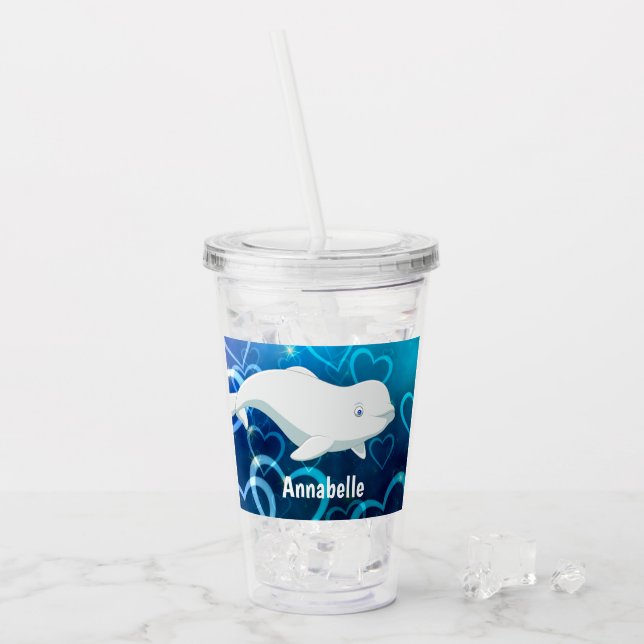Personalised Beluga Whale and Blue Hearts Arctic Acrylic Tumbler (Front Ice)