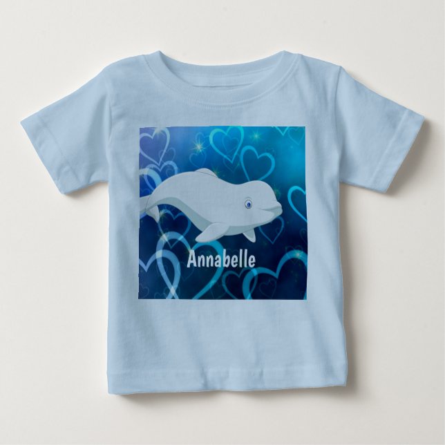 Personalised Beluga Whale and Blue Hearts Arctic Baby T-Shirt (Front)