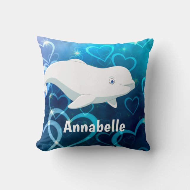 Personalised Beluga Whale and Blue Hearts Arctic Cushion (Front)