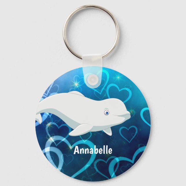 Personalised Beluga Whale and Blue Hearts Arctic Key Ring (Front)