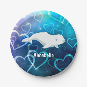 Personalised Beluga Whale and Blue Hearts Arctic Paper Plate