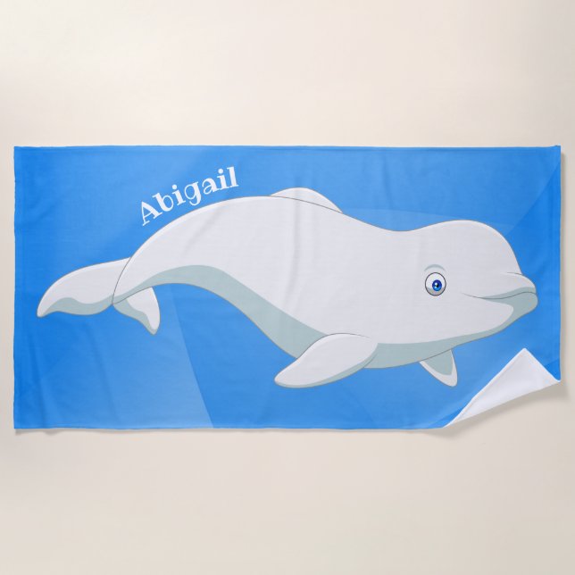 Personalised Beluga Whale Blue, White Arctic Ocean Beach Towel (Front)