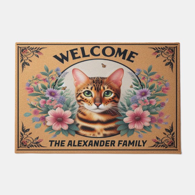 Personalised Bengal Cat Floral Welcome Kitten Doormat (Front)