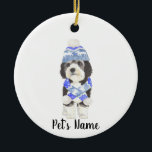 Personalised Bernedoodle Blue & White Ceramic Ornament<br><div class="desc">I am in love with this beautifully detailed watercolor illustration of a grey, black, and white bernedoodle or sheepadoodle on a an ornament with a sweet little blue and white hat/scarf combo! Personalise these ornaments and make the nice list this year! For the perfect presents, pair it with a matching...</div>