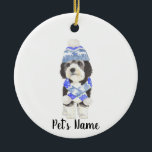 Personalised Bernedoodle Blue & White Ceramic Ornament<br><div class="desc">I am in love with this beautifully detailed watercolor illustration of a grey, black, and white bernedoodle or sheepadoodle on a an ornament with a sweet little blue and white hat/scarf combo! Personalise these ornaments and make the nice list this year! For the perfect presents, pair it with a matching...</div>