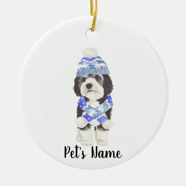 Personalised Bernedoodle Blue & White Ceramic Ornament (Front)