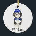 Personalised Bernedoodle Blue Yarmulke Bow Tie Ceramic Ornament<br><div class="desc">I am in love with this beautifully detailed watercolor illustration of a grey, black, and white bernedoodle or sheepadoodle on an ornament with a sweet little blue and white yarmulke and bowtie combo! Personalise these ornaments and make the nice list this year! For the perfect presents, pair it with a...</div>