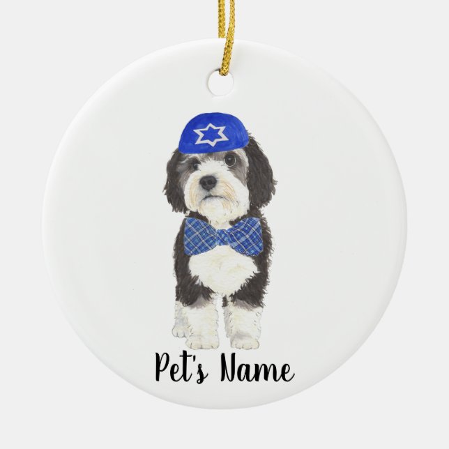 Personalised Bernedoodle Blue Yarmulke Bow Tie Ceramic Ornament (Front)