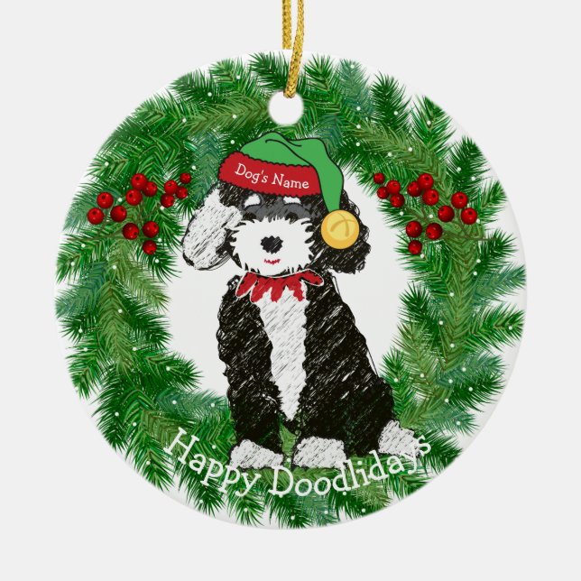 Personalised Bernedoodle Christmas Elf Ceramic Ornament (Front)