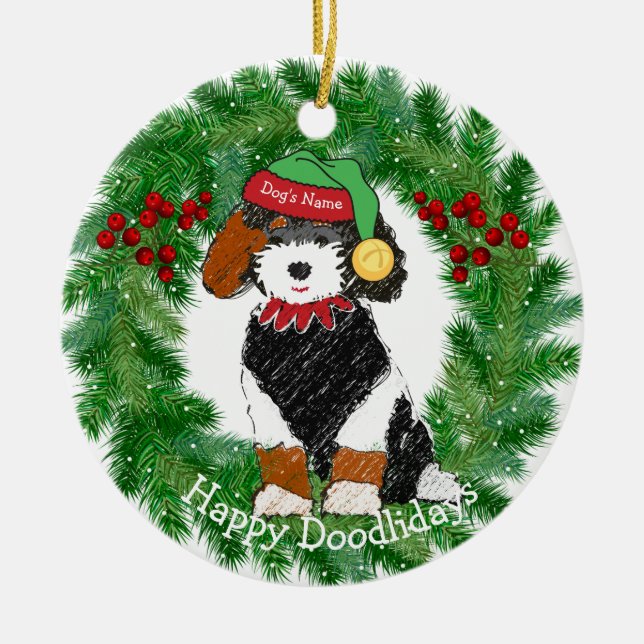 Personalised Bernedoodle Christmas Elf Ceramic Ornament (Front)
