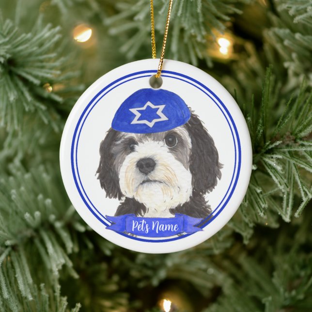 Personalised Bernedoodle Hanukkah Yarmulke Blue Ceramic Ornament (Tree)