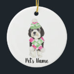 Personalised Bernedoodle Pink and Green Christmas Ceramic Ornament<br><div class="desc">I am in love with this beautifully detailed watercolor illustration of a grey, black, and white bernedoodle or sheepadoodle on an ornament with a sweet little pink and green ski hat and scarf bowtie combo! Personalise these ornaments and make the nice list this year! For the perfect presents, pair it...</div>