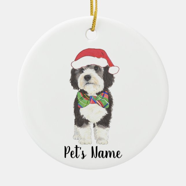 Personalised Bernedoodle Santa Hat & Bowtie Ceramic Ornament (Front)