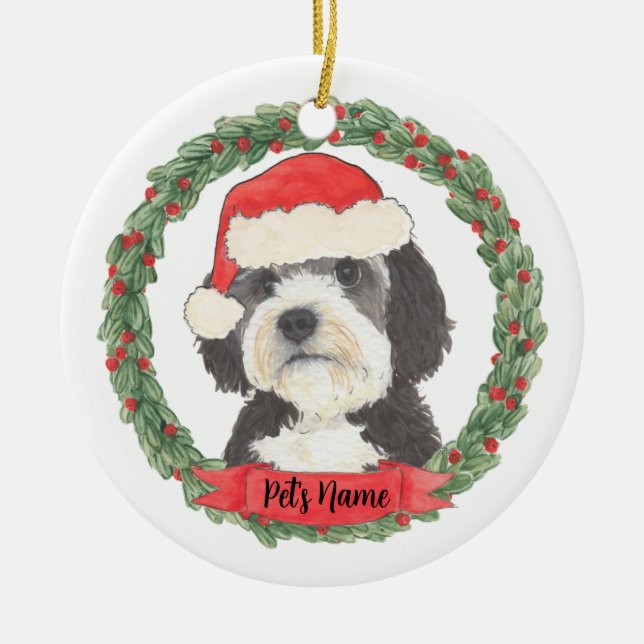 Personalised Bernedoodle Santa Hat Christmas Ceramic Ornament (Front)
