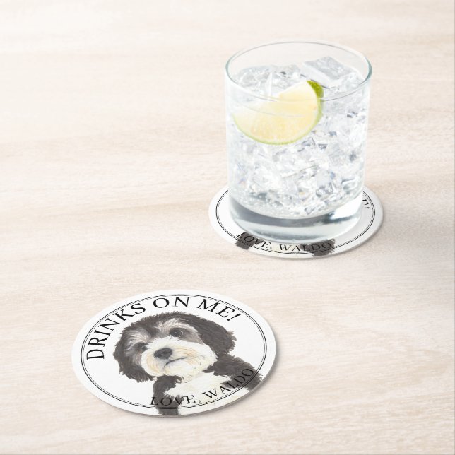Personalised Bernedoodle Wedding Round Paper Coaster (Insitu)