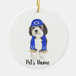 Personalised Bernedoodle Yarmulke Hanukkah Blue Ceramic Ornament