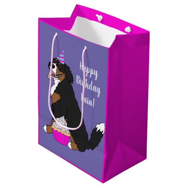 Personalised Bernese Mountain Dog Birthday  Medium Gift Bag (Front Angled)