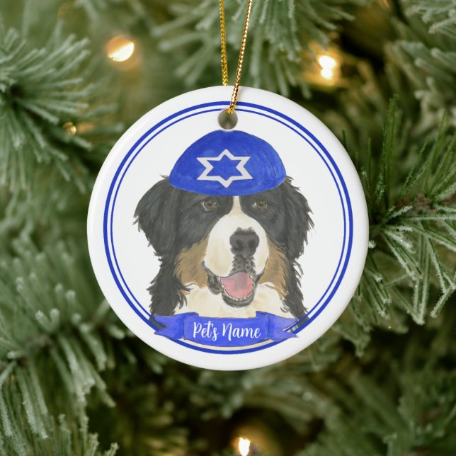 Personalised Bernese Mountain Dog Hanukkah Blue Ceramic Ornament (Tree)