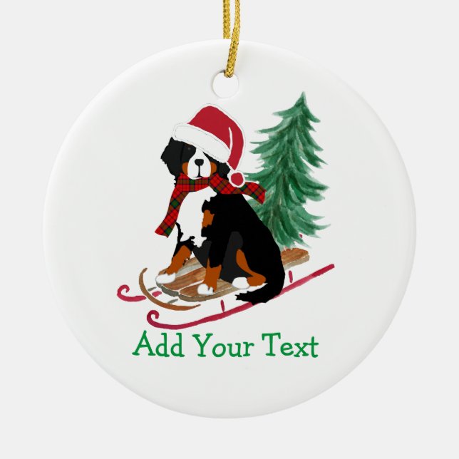 Personalised Bernese Mt Dog Christmas Sled Ceramic Ornament (Front)