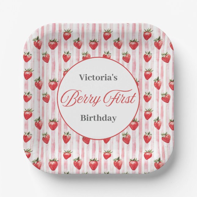 Personalised 'Berry First' Birthday Square Plates (Front)