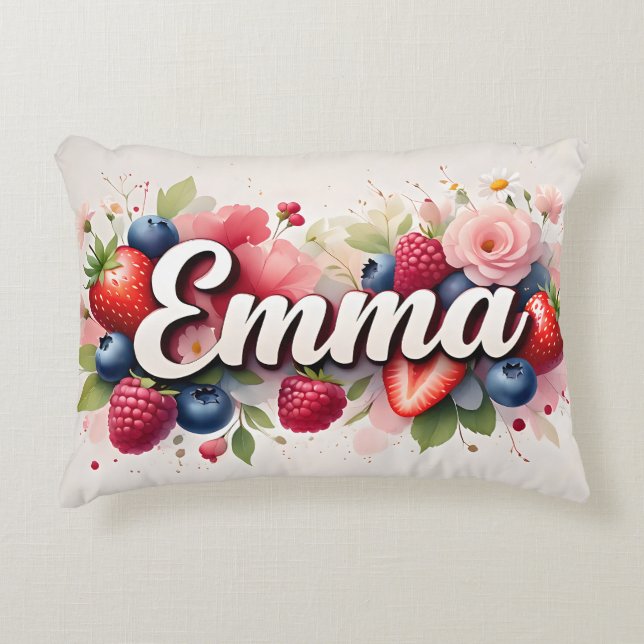 Personalised Berry Floral Name Pillow – "Emma" (Front)
