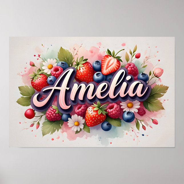 Personalised Berry Floral Name Poster "Amelia" (Front)