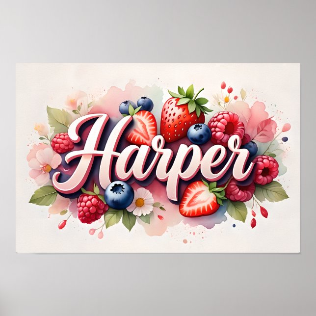 Personalised Berry Floral Name Poster  "Harper"  (Front)
