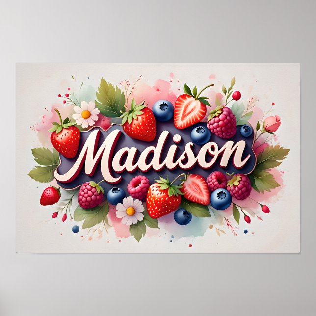 Personalised Berry Floral Name Poster "Madison" (Front)