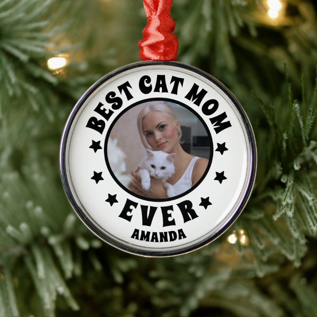 Personalised Best Cat Mum Ever Custom Photo Metal Ornament (Tree)
